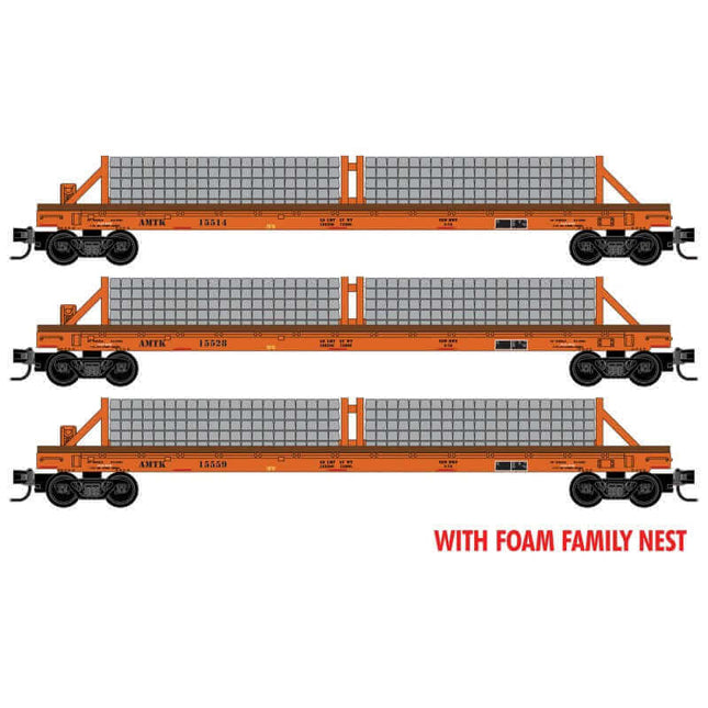 Micro Trains 99302234 | 50' Straight-Side Flatcar w/Concrete Tie Load Kit 3-Pack (Foam Insert) - Ready to Run - Amtrak #15559, 15514, 15528 (orange) | N Scale - Squeaky's Trains