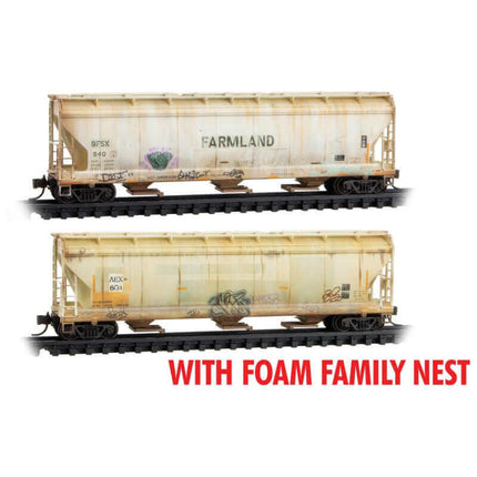 Micro Trains 99305065 | ACF 3-Bay Center-Flow Hopper w/Long Hatches 2-Pack (Foam Insert) - Ready to Run - Farmland GFSX #540, AEX 603 (Weathered, gray, graffiti) | N Scale - Squeaky's Trains