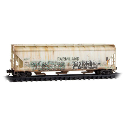 Micro Trains 99305065 | ACF 3-Bay Center-Flow Hopper w/Long Hatches 2-Pack (Foam Insert) - Ready to Run - Farmland GFSX #540, AEX 603 (Weathered, gray, graffiti) | N Scale - Squeaky's Trains