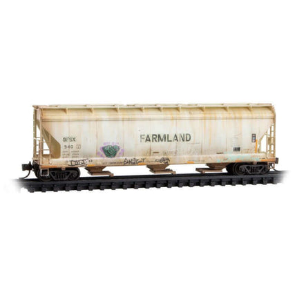 Micro Trains 99305065 | ACF 3-Bay Center-Flow Hopper w/Long Hatches 2-Pack (Foam Insert) - Ready to Run - Farmland GFSX #540, AEX 603 (Weathered, gray, graffiti) | N Scale - Squeaky's Trains