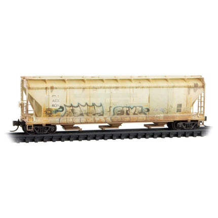 Micro Trains 99305065 | ACF 3-Bay Center-Flow Hopper w/Long Hatches 2-Pack (Foam Insert) - Ready to Run - Farmland GFSX #540, AEX 603 (Weathered, gray, graffiti) | N Scale - Squeaky's Trains