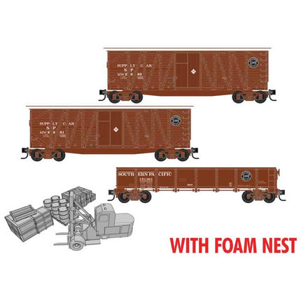 Micro Trains 993 02 235 | 2 x 40' Wood Boxcars, 40' GS Gondola, Forklift & Cargo Kit Set (Foam) - Ready to Run - Southern Pacific #MW 2681, 2683, 151391 (MOW Scheme, Unpainted Accessories) | N Scale - Squeaky's Trains