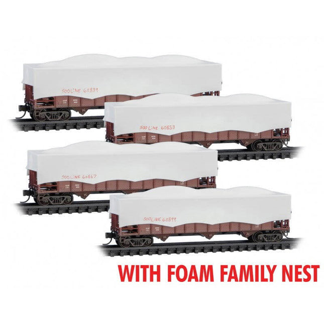 Micro Trains 993 02 239 | 100-Ton 3-Bay Ribside Open Hopper w/Tarp Cover 4-Pack (Foam) - Ready to Run - Soo Line #60867, 60839, 60825, 60809 (Weathered, Boxcar Red) | N Scale - Squeaky's Trains