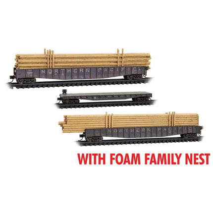 Micro Trains 993 02 240 | 65' Mill Gondolas, 50' Idler Flatcar, Pole Loads 3-Pack (Foam) - Ready to Run - Northern Pacific #56059, 62785, 56080 (Weathered, black, white) | N Scale - Squeaky's Trains