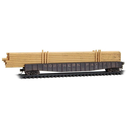 Micro Trains 993 02 240 | 65' Mill Gondolas, 50' Idler Flatcar, Pole Loads 3-Pack (Foam) - Ready to Run - Northern Pacific #56059, 62785, 56080 (Weathered, black, white) | N Scale - Squeaky's Trains