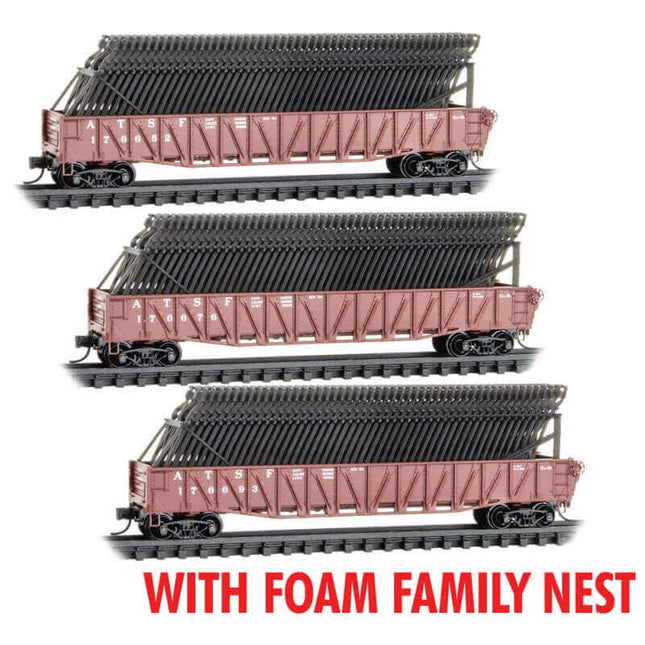 Micro Trains 993 02 242 | 50' Composite Gondola w/Fishbelly Sides & Auto Frame Load Kit RTR 3-Pack (Foam) - Ready to Run - Santa Fe #176652, 176676, 176693 (Boxcar Red) | N Scale - Squeaky's Trains