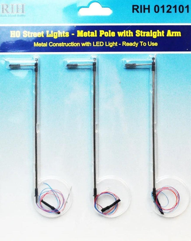 Rock Island Hobby 012101 | Street Lights (3) - Vertical Pole with Single Arm | HO Scale - Squeaky's Trains
