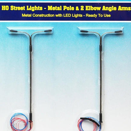 Rock Island Hobby 012102 | Street Lights (2) - Vertical Pole with 2 Elbow Arms | HO Scale - Squeaky's Trains