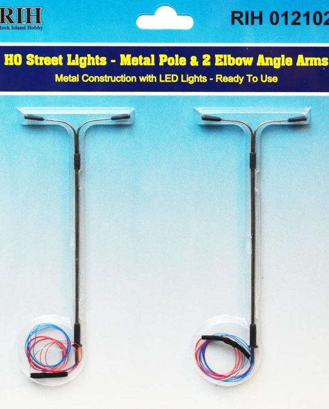 Rock Island Hobby 012102 | Street Lights (2) - Vertical Pole with 2 Elbow Arms | HO Scale - Squeaky's Trains