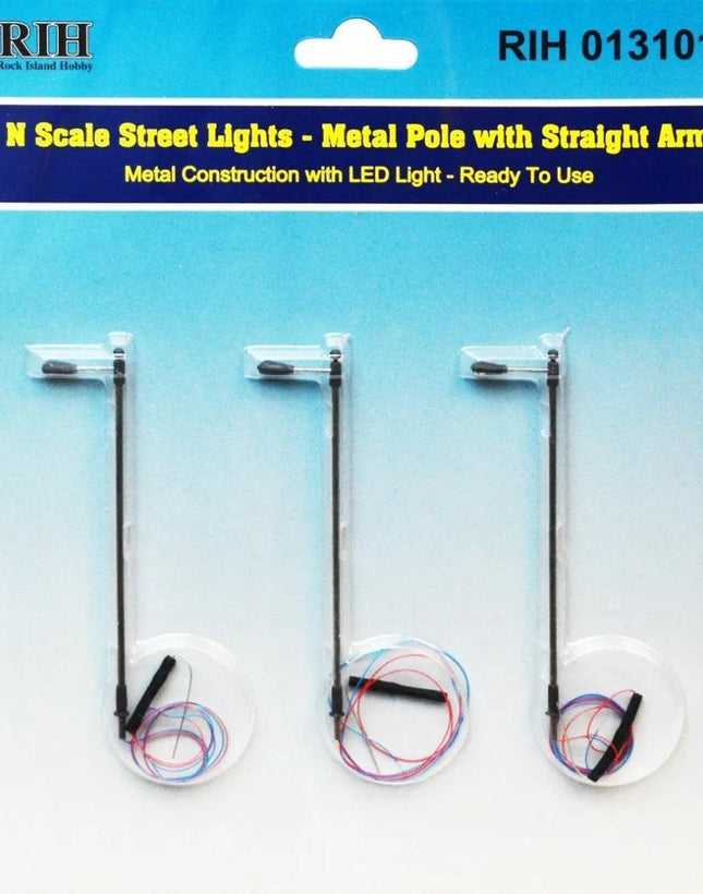 Rock Island Hobby 013101 | Street Lights (3) - Vertical Pole with Single Arm | N Scale - Squeaky's Trains
