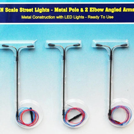 Rock Island Hobby 013102 | Street Lights (3) - Vertical Pole with 2 Elbow Arms | N Scale - Squeaky's Trains
