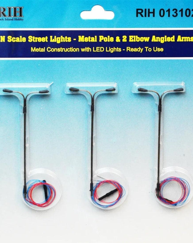 Rock Island Hobby 013102 | Street Lights (3) - Vertical Pole with 2 Elbow Arms | N Scale - Squeaky's Trains