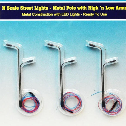 Rock Island Hobby 013103 | Street Lights (3) - 2 Vertical Poles High & Low Arms | N Scale - Squeaky's Trains