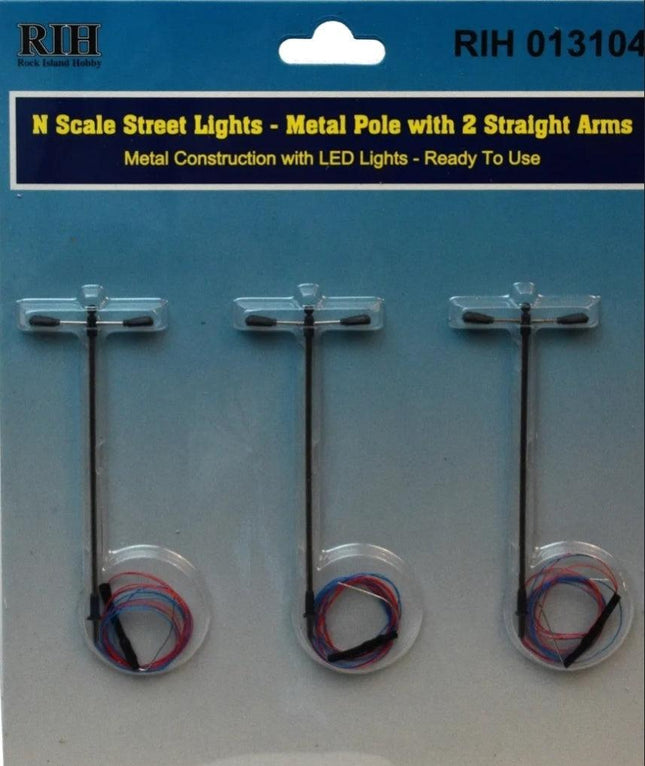 Rock Island Hobby 013104 | Street Lights (3) - Single Pole & 2 Straight Arms | N Scale - Squeaky's Trains