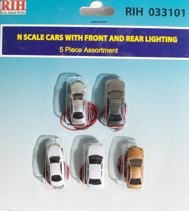 Rock Island Hobby 033101 | Assorted Automobiles with Front and Rear Lights (5) | N Scale - Squeaky's Trains