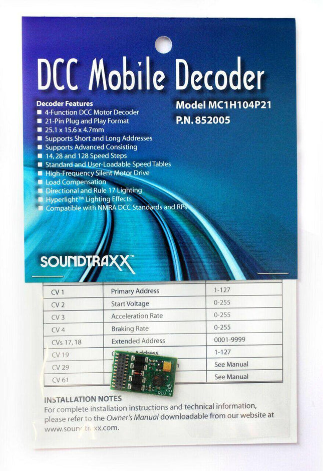 SoundTraxx 852005 | DCC Mobile Decoder MC1H104P21 - Squeaky's Trains