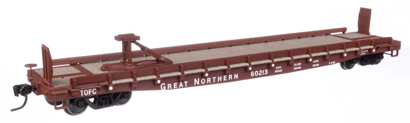 WalthersMainline 910-50505 | 53' GSC Piggyback Service Flatcar - Ready to Run - Great Northern #60213 | HO Scale - Squeaky's Trains