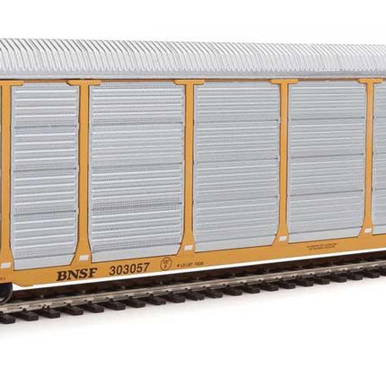 WalthersProto 920-101413 | 89' Thrall Enclosed Tri-Level Auto Carrier - Ready to Run - Burlington Northern Santa Fe Rack and Flat #303057 (yellow, Circle-Cross Logo) | HO Scale - Squeaky's Trains
