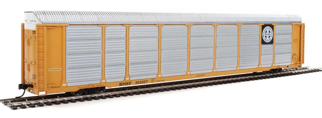 WalthersProto 920-101413 | 89' Thrall Enclosed Tri-Level Auto Carrier - Ready to Run - Burlington Northern Santa Fe Rack and Flat #303057 (yellow, Circle-Cross Logo) | HO Scale - Squeaky's Trains
