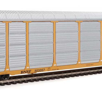 WalthersProto 920-101413 | 89' Thrall Enclosed Tri-Level Auto Carrier - Ready to Run - Burlington Northern Santa Fe Rack and Flat #303057 (yellow, Circle-Cross Logo) | HO Scale - Squeaky's Trains