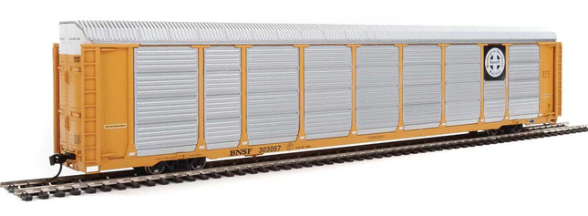 WalthersProto 920-101413 | 89' Thrall Enclosed Tri-Level Auto Carrier - Ready to Run - Burlington Northern Santa Fe Rack and Flat #303057 (yellow, Circle-Cross Logo) | HO Scale - Squeaky's Trains