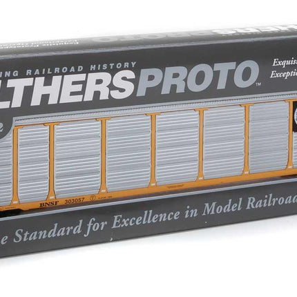 WalthersProto 920-101413 | 89' Thrall Enclosed Tri-Level Auto Carrier - Ready to Run - Burlington Northern Santa Fe Rack and Flat #303057 (yellow, Circle-Cross Logo) | HO Scale - Squeaky's Trains