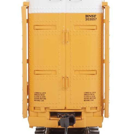 WalthersProto 920-101413 | 89' Thrall Enclosed Tri-Level Auto Carrier - Ready to Run - Burlington Northern Santa Fe Rack and Flat #303057 (yellow, Circle-Cross Logo) | HO Scale - Squeaky's Trains