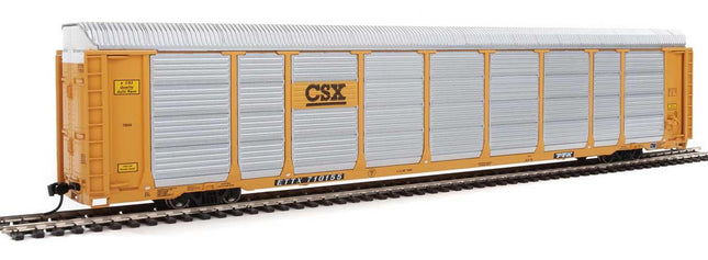 WalthersProto 920-101421 | 89' Thrall Enclosed Tri-Level Auto Carrier - Ready to Run - CSX Rack ETTX Flat #T9046/710155 (yellow, black, silver) | HO Scale - Squeaky's Trains