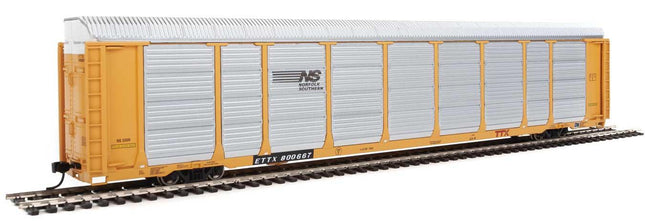 WalthersProto 920-101426 | 89' Thrall Enclosed Tri-Level Auto Carrier - Ready to Run - Norfolk Southern Rack ETTX Flat #33519/800667 (yellow, silver, black) | HO Scale - Squeaky's Trains