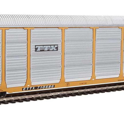 WalthersProto 920-101429 | 89' Thrall Enclosed Tri-Level Auto Carrier - Ready to Run - TTX ETTX Flat #331231/710686 (yellow, silver, black) | HO Scale - Squeaky's Trains