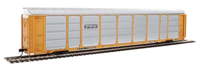 WalthersProto 920-101429 | 89' Thrall Enclosed Tri-Level Auto Carrier - Ready to Run - TTX ETTX Flat #331231/710686 (yellow, silver, black) | HO Scale - Squeaky's Trains