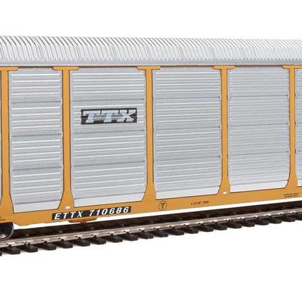 WalthersProto 920-101429 | 89' Thrall Enclosed Tri-Level Auto Carrier - Ready to Run - TTX ETTX Flat #331231/710686 (yellow, silver, black) | HO Scale - Squeaky's Trains