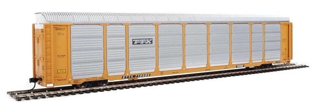 WalthersProto 920-101429 | 89' Thrall Enclosed Tri-Level Auto Carrier - Ready to Run - TTX ETTX Flat #331231/710686 (yellow, silver, black) | HO Scale - Squeaky's Trains