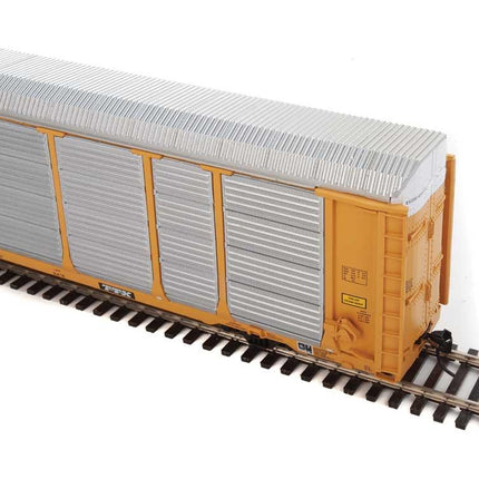 WalthersProto 920-101429 | 89' Thrall Enclosed Tri-Level Auto Carrier - Ready to Run - TTX ETTX Flat #331231/710686 (yellow, silver, black) | HO Scale - Squeaky's Trains