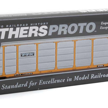 WalthersProto 920-101429 | 89' Thrall Enclosed Tri-Level Auto Carrier - Ready to Run - TTX ETTX Flat #331231/710686 (yellow, silver, black) | HO Scale - Squeaky's Trains