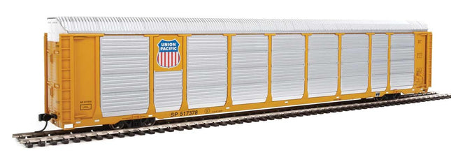 WalthersProto 920-101434 | 89' Thrall Enclosed Tri-Level Auto Carrier - Ready to Run - Union Pacific(R) Rack, Flat SP(TM) #517378 (yellow, silver, Shield Logo) | HO Scale - Squeaky's Trains