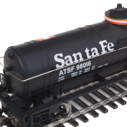 WalthersTrainline 931-1444 | Tank Car - Ready to Run - Atchison, Topeka & Santa Fe #98016 (black, Orange & White Stripes) | HO Scale - Squeaky's Trains