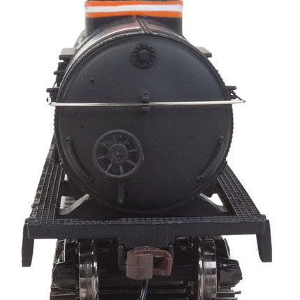 WalthersTrainline 931-1444 | Tank Car - Ready to Run - Atchison, Topeka & Santa Fe #98016 (black, Orange & White Stripes) | HO Scale - Squeaky's Trains