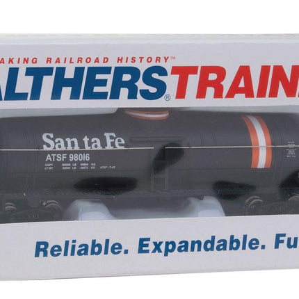 WalthersTrainline 931-1444 | Tank Car - Ready to Run - Atchison, Topeka & Santa Fe #98016 (black, Orange & White Stripes) | HO Scale - Squeaky's Trains
