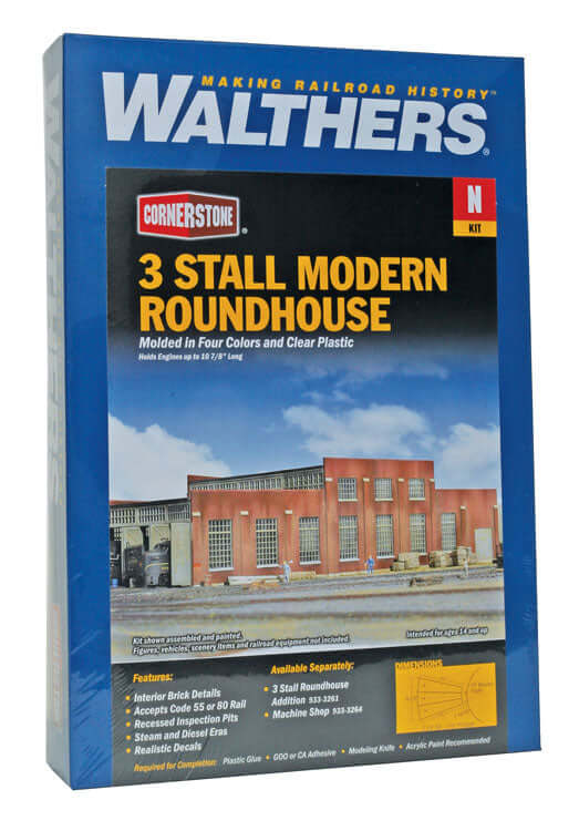 Walthers Cornerstone 933-3260 | 3-Stall Modern Roundhouse - Building Kit | N Scale - Squeaky's Trains