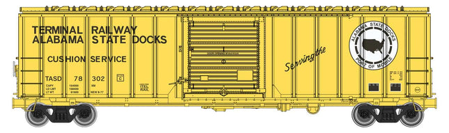 Walthers Mainline 910-1872 | 50' ACF Exterior Post Boxcar - Ready to Run - Terminal Railway Alabama State Docks TASD #78302 (yellow, black, white) | HO Scale - Squeaky's Trains