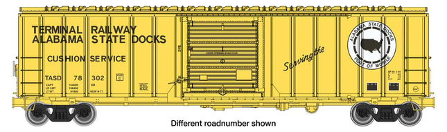 Walthers Mainline 910-1873 | 50' ACF Exterior Post Boxcar - Ready to Run - Terminal Railway Alabama State Docks TASD #78319 (yellow, black, white) | HO Scale - Squeaky's Trains