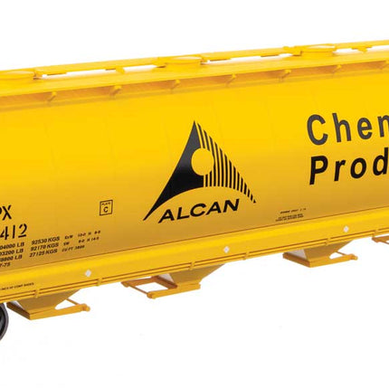 Walthers Mainline 910-7868 | 59' Cylindrical Hopper - Ready to Run - Alcan UNPX #121412 (yellow, black; English & French lettering, round hatches) | HO Scale - Squeaky's Trains