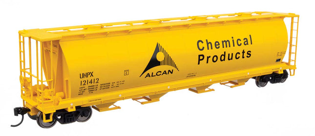 Walthers Mainline 910-7868 | 59' Cylindrical Hopper - Ready to Run - Alcan UNPX #121412 (yellow, black; English & French lettering, round hatches) | HO Scale - Squeaky's Trains