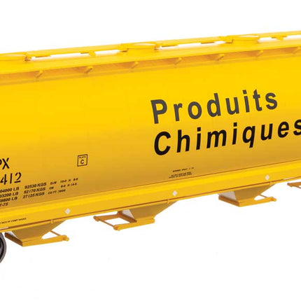 Walthers Mainline 910-7868 | 59' Cylindrical Hopper - Ready to Run - Alcan UNPX #121412 (yellow, black; English & French lettering, round hatches) | HO Scale - Squeaky's Trains
