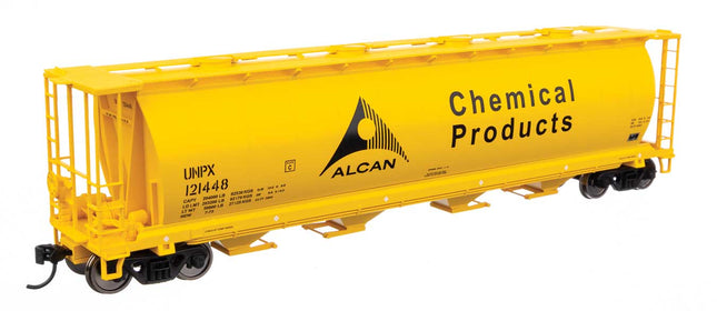 Walthers Mainline 910-7870 | 59' Cylindrical Hopper - Ready to Run - Alcan UNPX #121448 (yellow, black; English & French lettering, round hatches) | HO Scale - Squeaky's Trains