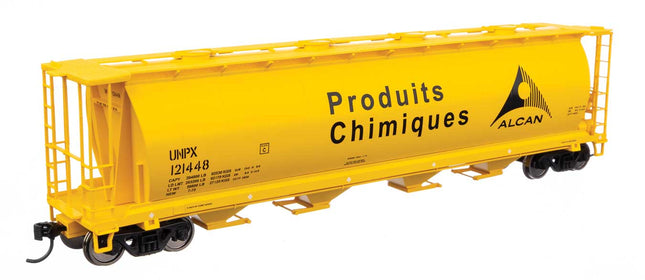 Walthers Mainline 910-7870 | 59' Cylindrical Hopper - Ready to Run - Alcan UNPX #121448 (yellow, black; English & French lettering, round hatches) | HO Scale - Squeaky's Trains
