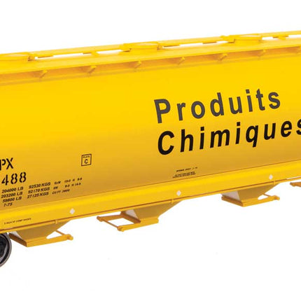 Walthers Mainline 910-7871 | 59' Cylindrical Hopper - Ready to Run - Alcan UNPX #121488 (yellow, black; English & French lettering, round hatches) | HO Scale - Squeaky's Trains