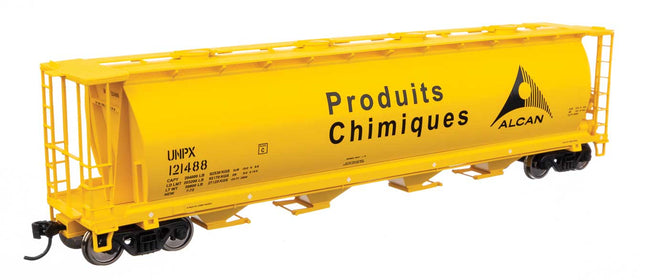 Walthers Mainline 910-7871 | 59' Cylindrical Hopper - Ready to Run - Alcan UNPX #121488 (yellow, black; English & French lettering, round hatches) | HO Scale - Squeaky's Trains