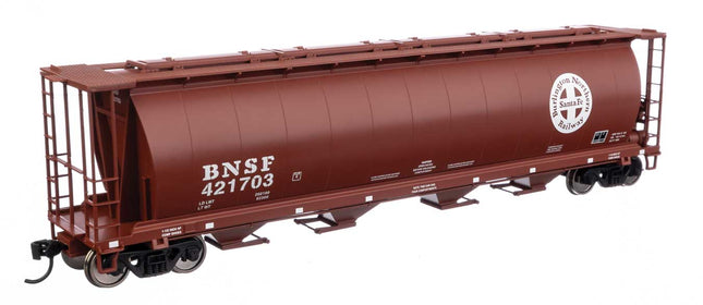 Walthers Mainline 910-7872 | 59' Cylindrical Hopper - Ready to Run - BNSF #421703 (red-brown, white; Circle Cross logo, trough hatches) | HO Scale - Squeaky's Trains